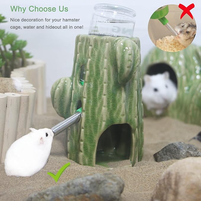 2-in-1 Adjustable Hamster Water Bottle for Glass Tank - 80ML, No Drip Ceramic Holder for Dwarf Hamster, Mice, Rat (Light Green)