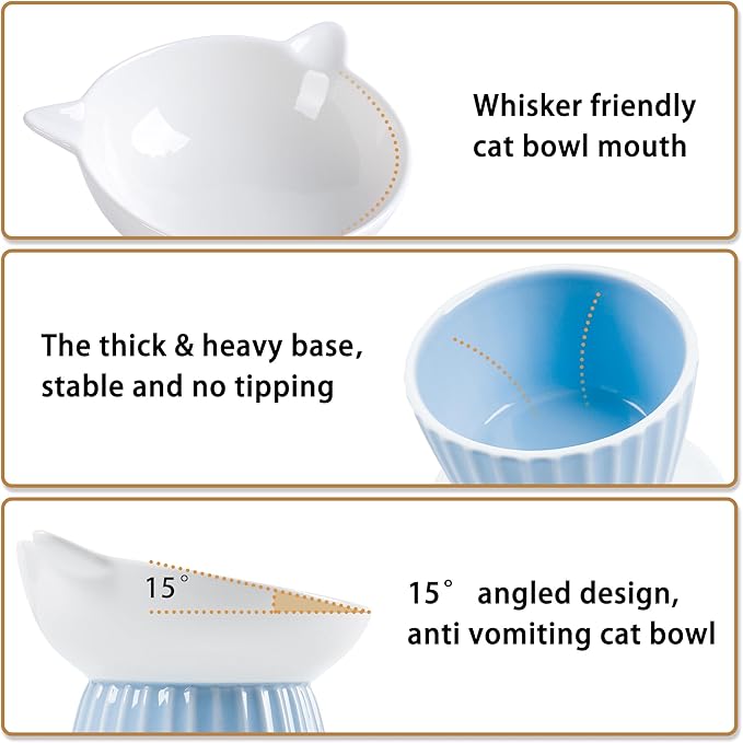 Ceramic Raised Cat Bowl，Tilted Raised Cat Bowl Anti Vomit Cat Bowls for Indoor Cats Whisker Friendly Pet Feeder for Cats Puppies, Microwave and Dishwasher Safe, Blue