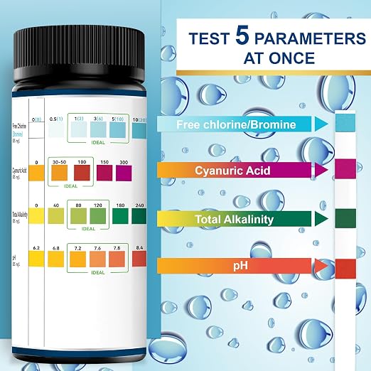 Pool Test Strips,100 Strips Pool and Hot Tub Test Strips | Swimming Pool Test Strips for Total Alkalinity, pH, Free Chlorine(Bromine),Cyanuric Acid-Pool Spa Water Test