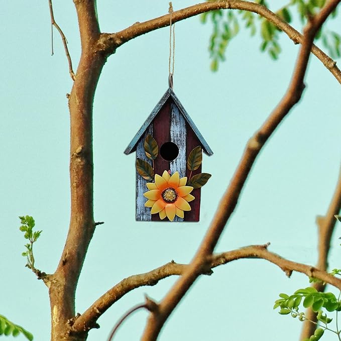 Wood Bird House for Outside, Hanging Decorative Bird House Outdoor Garden Patio Yard Rustic Hand-Painted Bluebird Birdhouse Nesting Box for Finch Wren Sparrow Chickadee