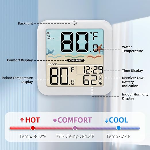 AHJ Wireless Digital Pool Thermometer Floating for Pool Swimming Hot Tub | Water Temperature Thermometer IPX8 Digital Wireless Pool Thermometer with Indoor Temperature for Aquariums Spa Hot Tub