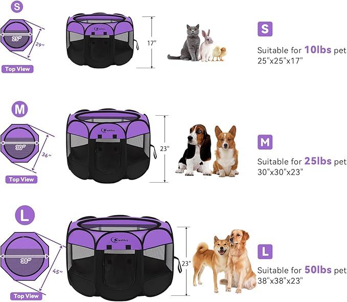Siedihit Dog Playpen, Puppy Pet Playpen, Dog Crate Tent Cage Indoor/Outdoor, Portable Pop Up Dogs Kennel Playpen with Carrying Case for Dogs/Cats/Rabbits, Purple, Medium