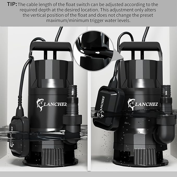 LANCHEZ 1.6HP 6000GPH Sump Pump, High Flow Submersible Water Pump with Float Switch, Automatic Transfer Water Pump for Swimming Pool Basement Flooded Pit Sewage Sink Tub, Black