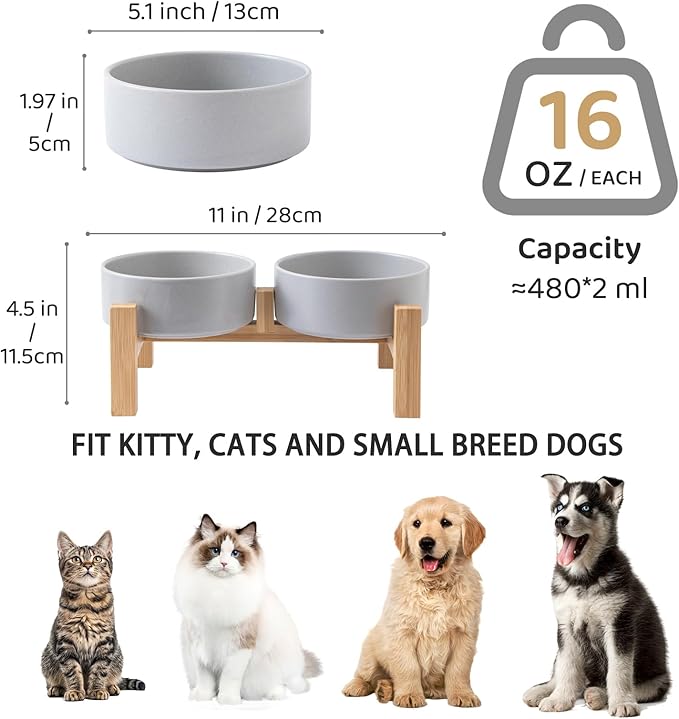 Elevated Ceramic Dog Bowl Set - Raised Dog Bowls with Non Slip Bamboo Stand, Food and Water Bowl Set for Kitty, Cats and Toy Breed Dogs, Pet Bowls, Weighted Dogs Dishes (5.1'', 2*16OZ, Grey)