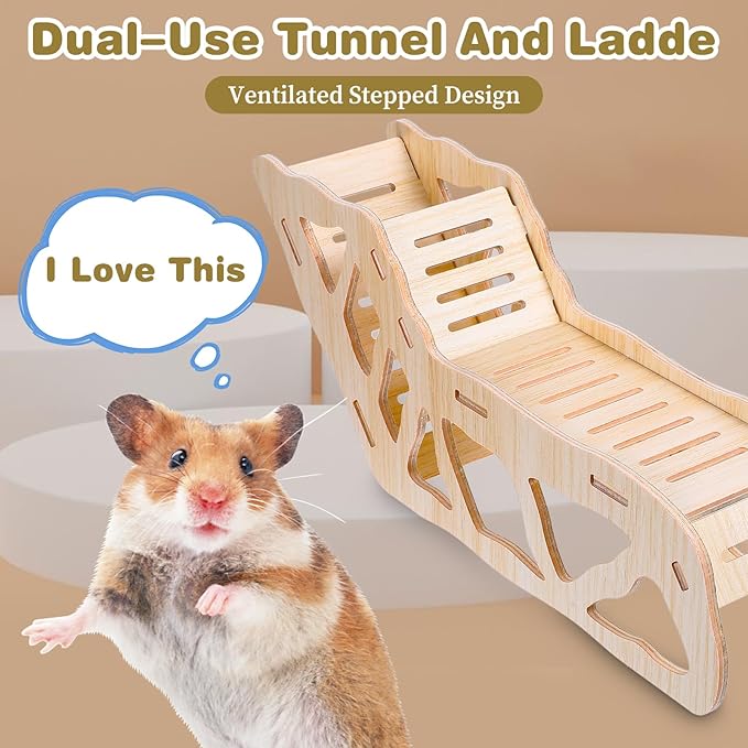 Versatile Hamster Hideout and Exploration Tunnel, Wooden Hamsters House with Climbing Ladder Hamster Explorer for Gerbils Hamsters Small Pets