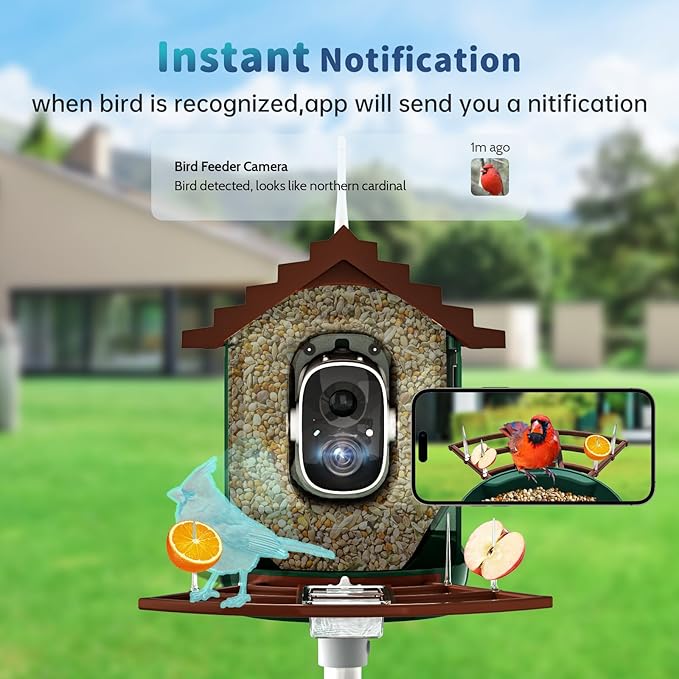 Smart Bird Feeder with Camera Solar Powered & AI Bi rd Identification, 2.4Ghz WiFi Bird feeders for Outdoors, 2K Live Video, Instant Arrival Alerts - Dark red-Green