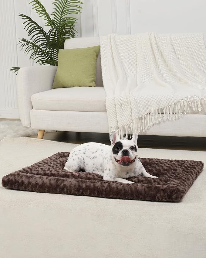Washable Dog Bed Mat Ultra Soft Dog Crate Pad Comfy Fluffy Pet Kennel Beds Sleeping Mattress for Large Jumbo Medium Small Dogs, 36 x 23 Inch, Brown