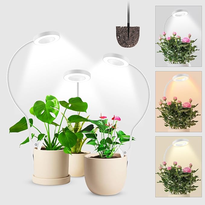 2 in 1 Grow Lights for Indoor Plants, 3 Colors Plant Lights Indoor | 48 LEDs Full Spectrum Plant Lights for Indoor Growing with 360° Gooseneck, 6/12/16H Timer, 5 Brightness, White 3 Pack