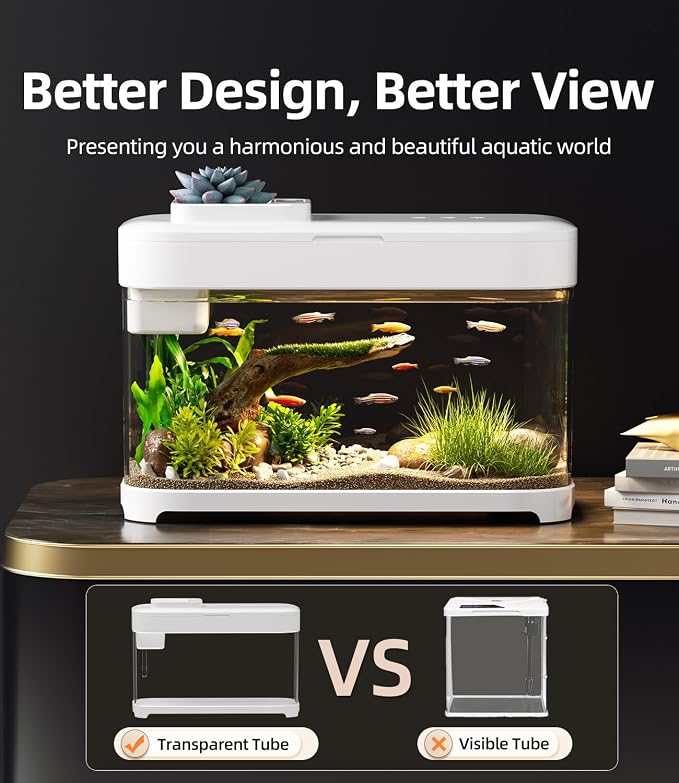 3 Gallon Fish Tank Starter Kit with Heater Hidden Filtration Light Acrylic | Temperature Monitor, 8 Color Lighting, Self-cleaning, Round Corner, Rimless, for Betta Shrimp Guppy, White, Detachable Lid
