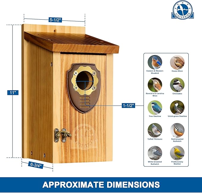 SISTERBIRD Bird Houses for Outside, Premium Wooden Bluebird Houses for Outside, Assembly Birdhouses for Outdoors, Weatherproof Bird House, Bluebird Finch Swallow Wren Chickadee