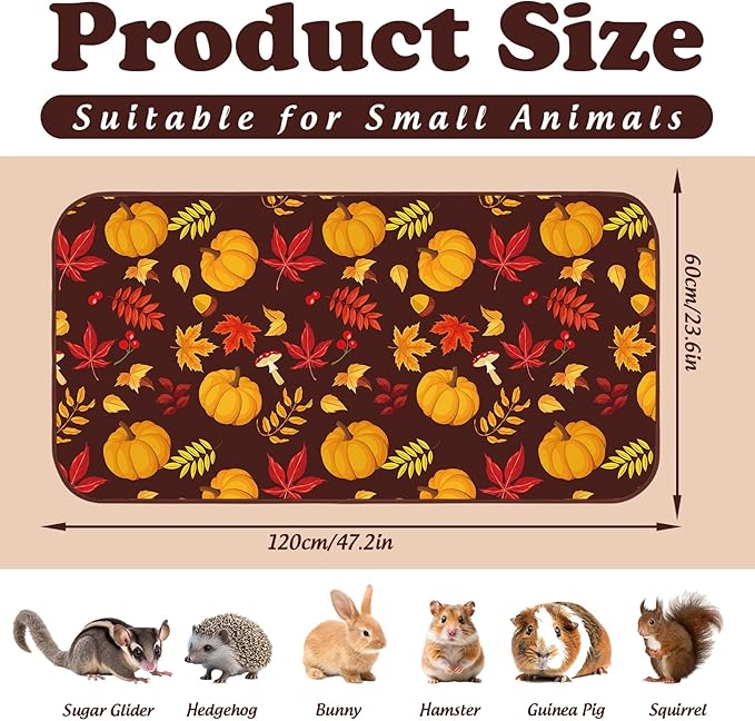 JarThenaAMCS 3 Pcs Guinea Pig Cage Liner Reusable Bunny Squirrel Mat Fall Maple Leaves Pumpkin Washable Small Animal Pee Pads for Autumn Rabbit Hamster Chinchilla Ferret Accessory, 24 x 47 in