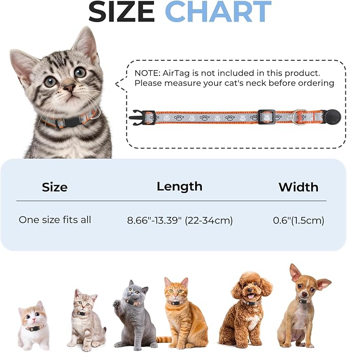 Cat Collar Breakaway, Reflective Kitten Collar with Bell, Safety Buckle Kitten Collar, Lightweight, Adjustable, Comfortable, Suitable for Boy Girl Cats (7"-13") Orange