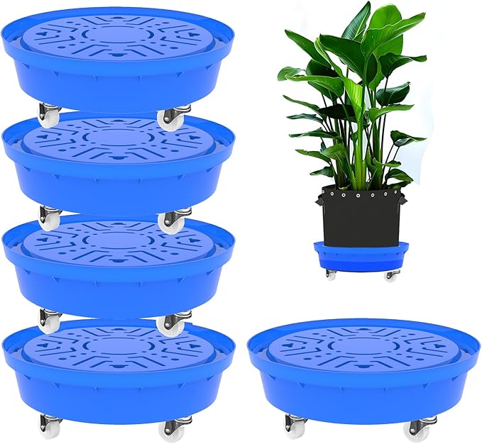 Self-Watering Base with Visible Water Level,5-Pack,Keeps Leaves and Flying Insects Out,Maintains Water Quality, Equipped with Rollers for Easy Movement and Rotation, Blue.
