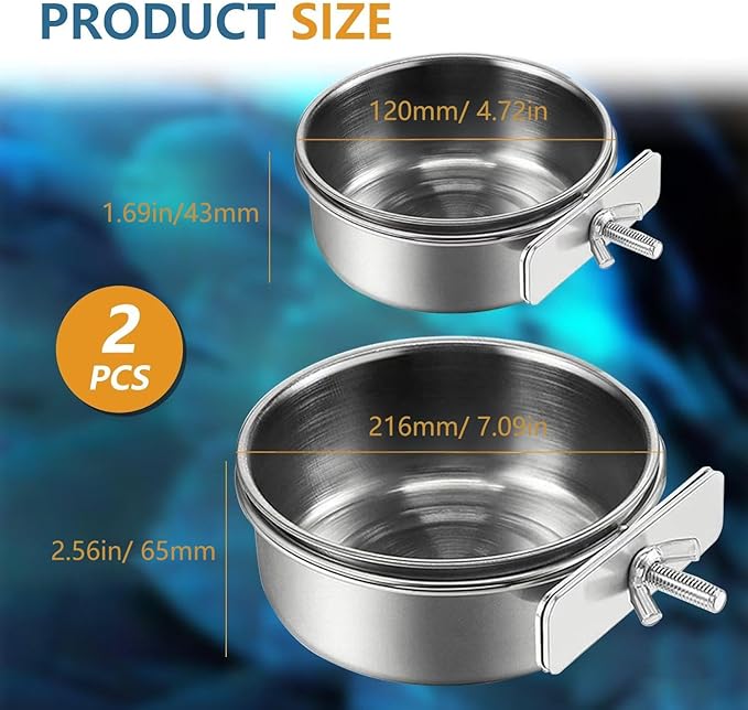2Pcs Stainless Steel Bird Feeding Bowls, Small Bird Feeding Cup, Stainless Steel Parrot Food Bowl Cage with Holder, Parrot Cage Water Feeder, Pet Cage Cup Holder (Dia 7.09", 4.72",)