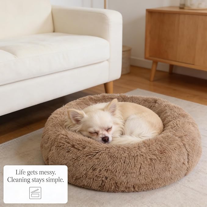 Calming Donut Dogs Beds for Small Dogs Washable,19inch Fluffy Round Puppy Bed for Puppies,Cats & Toy Breeds with Raised Rim,Fits up to 15 lbs Pets,Camel