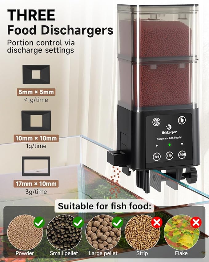 fishkeeper Automatic Fish Feeder for Aquarium - 520ML Large Capacity Adjustable Fish Feeder Automatic Dispenser with Timer for Vacation, Weekend or Daily Use, Three Fixed Methods