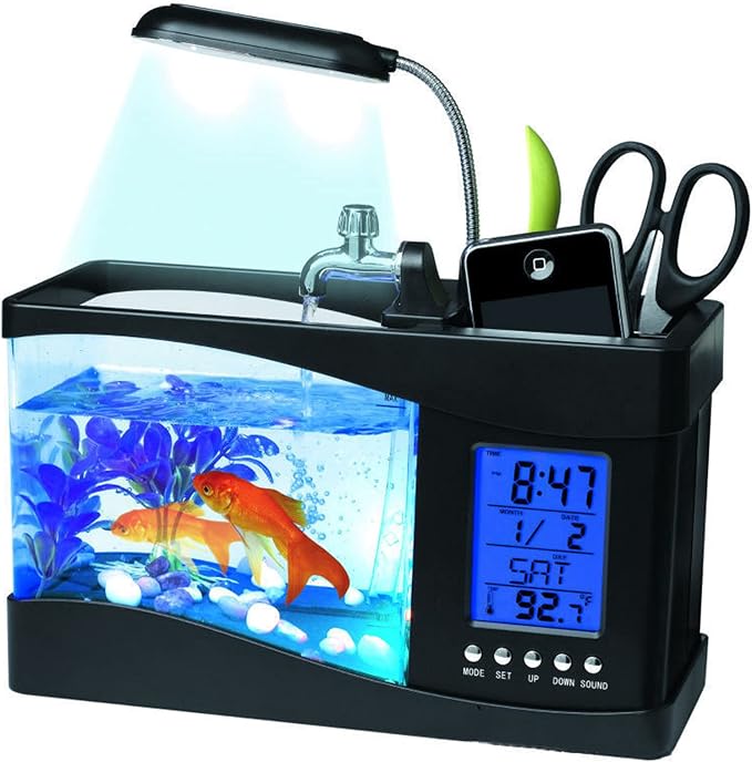 Mini Fish , Multifunctional USB Rechargeable Fish Desktop Electronic Aquarium with Clock Function LED Light Pen Holder for Office, Home