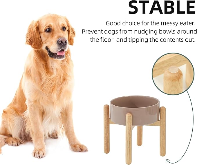 Havniva Ceramic 8.2inch Raised Dog Bowl with Stand for Large - Breed Dogs, Pet Food and Water Feeder(Single Bowl with Stand - Brown Coffee)