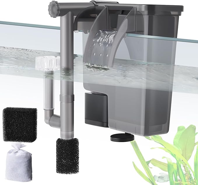5W Hang on Aquarium Filter: Ultra Quiet 124 GPH Fish Tank Filter with Filter Sponge and Activated Carbon, Adjustable Waterfall Filter for 5-15 Gallon Fish Tank