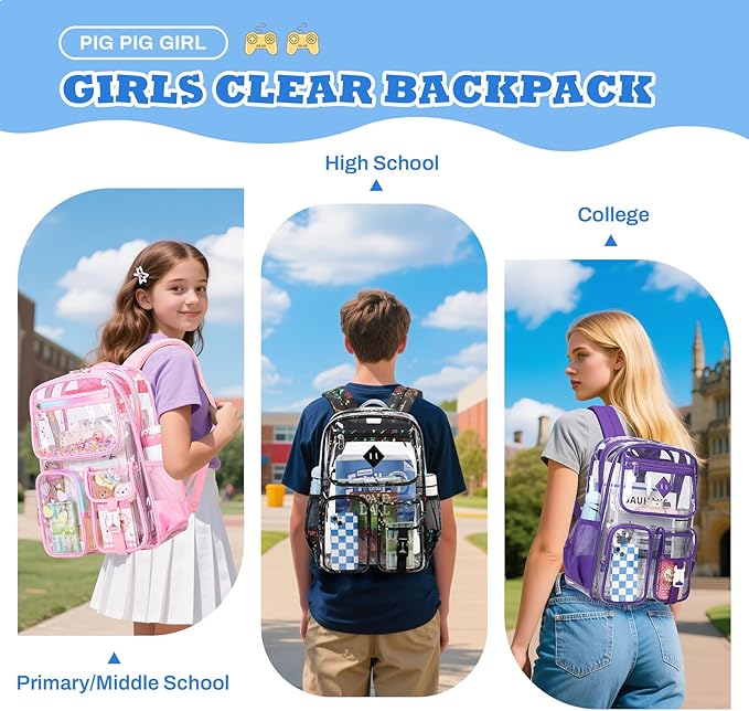 PIG PIG GIRL Clear Backpack for School,Heavy Duty PVC Transparent Bookbag for Girls Stadium Approved See Through Backpack