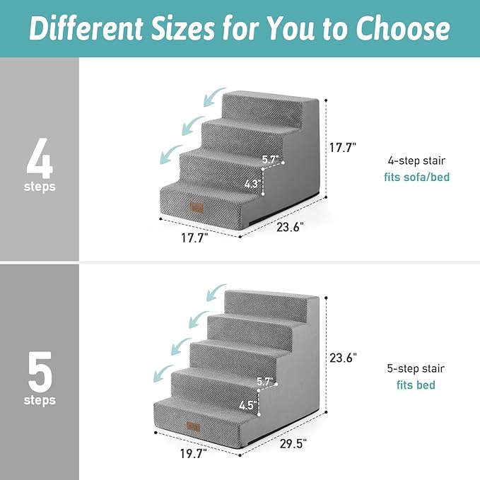COZY KISS Dog Stairs for Small Dogs, 4 Tier Wider Pet Stairs for Couch and Beds, 17.7" H Non-Slip Dog Steps for Old Cats, Puppy, Small Medium Dogs, 17.7x23.6x17.7 inch, Grey