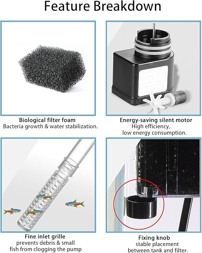 Small Fish Tank Filter, Hang on Filter for 1-5 Gal Nano Aquarium, Ultra Quiet Power Filter with Aeration & Oil Skimmer, Adjustable Flow for Betta Shrimp Tank