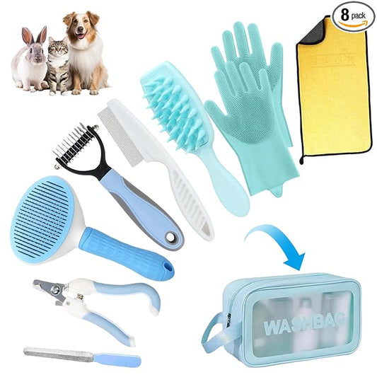 Aglads 8PCS Cat Rabbit Bunny Dog Grooming Kit,Self-Cleaning Brush,Nail Clipper,Grooming Glove,Massage Brush,Flea Comb,Towel&Travel Bag,Complete Grooming Tools for Long&Short Haired Pets(8, blue)