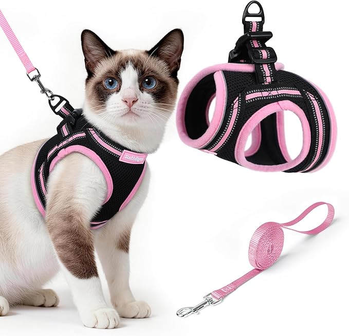 rabbitgoo Cat Harness and Leash Set for Walking Escape Proof, Adjustable Soft Kittens Vest with Reflective Strip for Cats, Comfortable Outdoor Vest, Black & Pink, L
