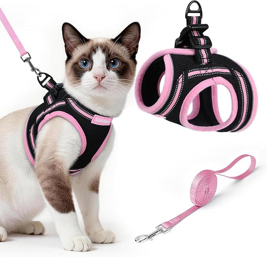 rabbitgoo Cat Harness and Leash Set for Walking Escape Proof, Adjustable Soft Kittens Vest with Reflective Strip for Cats, Comfortable Outdoor Vest, Black & Pink, L