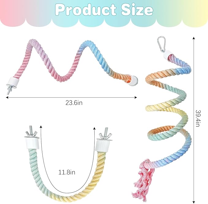 BNOSDM 3 Pcs Bird Rope Perches Gradient Colorful Bendable Climbing Rope Ladders Swings Toy Parakeet Cage Accessories for Parrots, Budgies, Cockatiels, Conures, Lovebirds