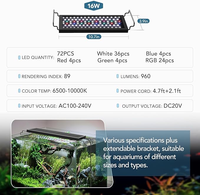 hygger Sun Moon LED Aquarium Light, Full Spectrum Fish Tank Light Day-Night Dual Timer, Adjustable 6 Timer 10 Brightness 8 Colors for Planted Freshwater Tank (16W for 12~18in Long Tank)