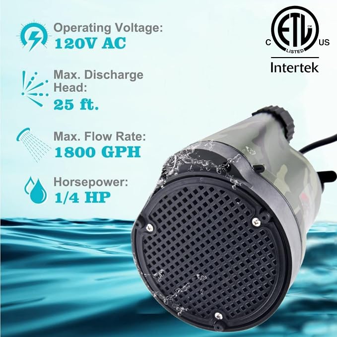TIGEROAR 120V Submersible Pump 1/4 HP Water Transfer Pump 1800 GPH | Electric Pond Pool Pump Utility Pump with 10 ft. Cord Anticorrosive Plastic Housing and Hose Adapter for Transferring Water