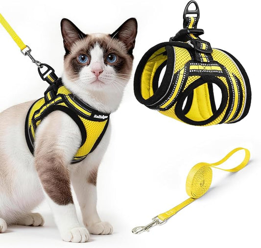rabbitgoo Cat Harness and Leash Set for Walking Escape Proof, Adjustable Soft Kittens Vest with Reflective Strip for Cats, Comfortable Outdoor Vest, Bright Yellow, L