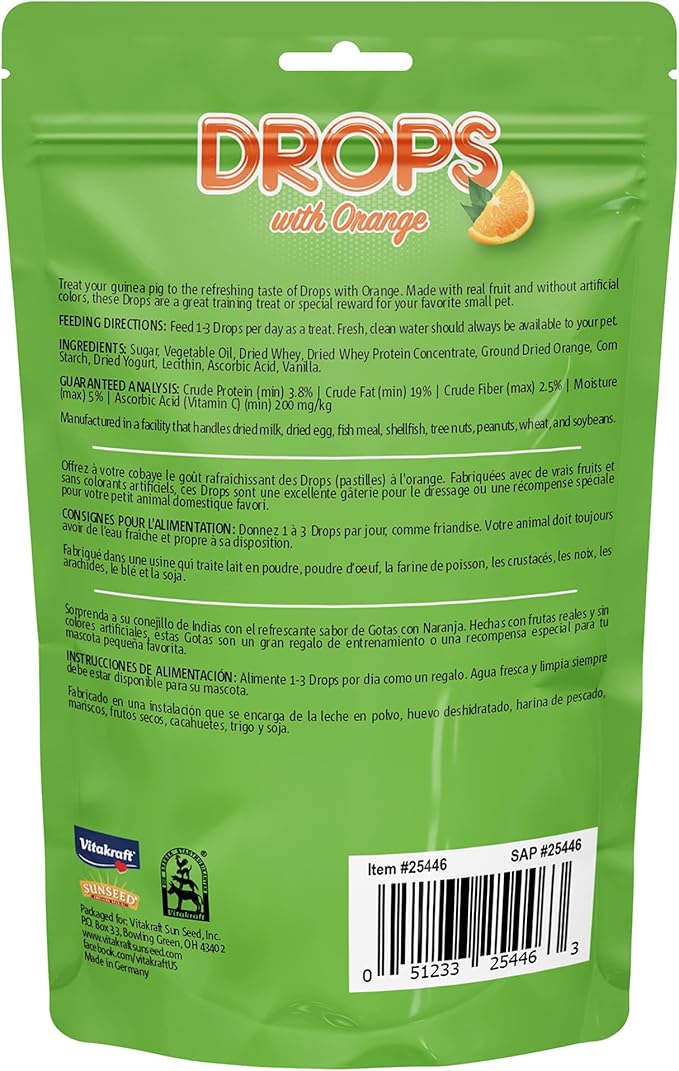 Vitakraft Drops with Orange Flavor Guinea Pig Treats 5.3 oz Bag Delicious Yogurt Enriched Snacks with Vitamin C Essential Nutrients and Wholesome Nourishment for Small Pets,(Pack of 2)
