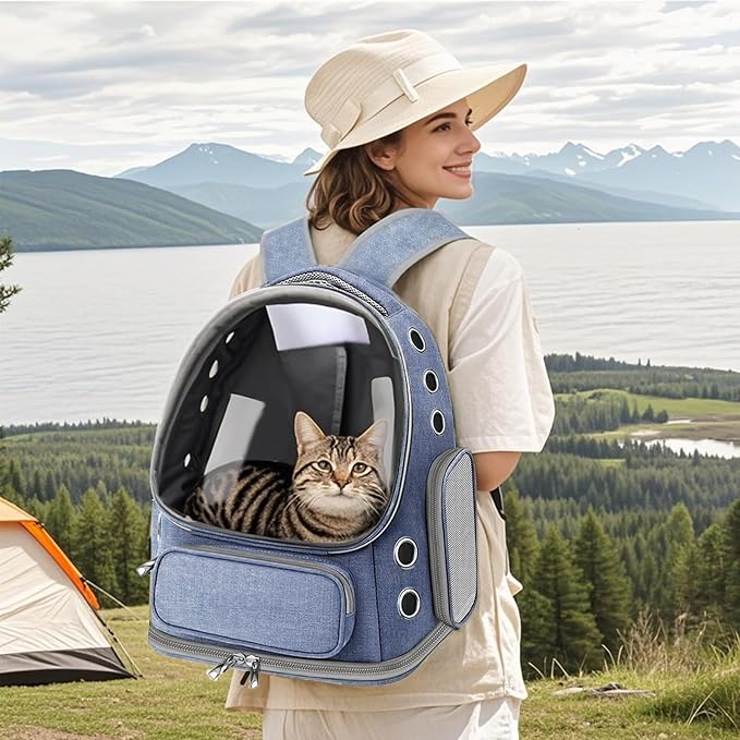 Cat Carrier with Groomer, Breathable Cat Bubble Carrier for Cats or Small Dogs up to 20 lbs, Collapsible Airline Approved, Clear Cat Travel Backpack (Blue)
