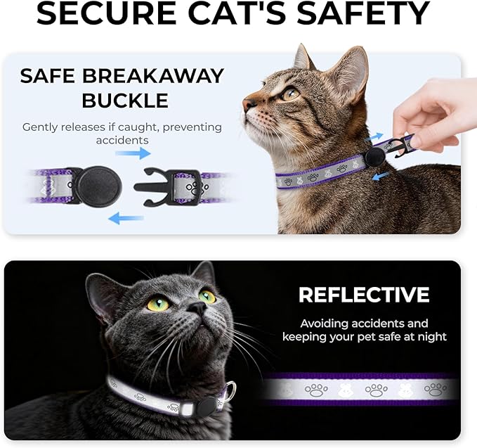 Cat Collar Breakaway, Reflective Kitten Collar with Bell, Safety Buckle Kitten Collar, Lightweight, Adjustable, Comfortable, Suitable for Boy Girl Cats (7"-13") Purple