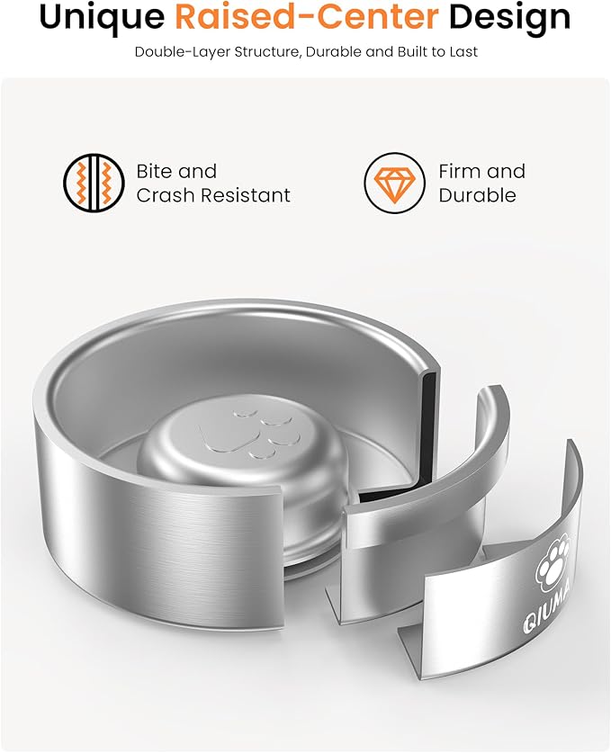Qiuma Slow Feeder Dog Bowls Stainless Steel, Food-Grade 304 Dog Slow Feeder Bowl 2 Cups Capacity, Heavy Duty Double-Layer with Non-Slip Base, Pet Puzzle Bowl for Small & Medium Dogs (Silver)