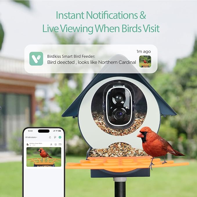 Birdkiss Smart Camera Bird Feeder with Squirrel Proof Seed Guard, AI Identifies Birds, Auto Captures Full HD Videos & Instant Notifications, Ideal for Bird Lovers, Deep Blue