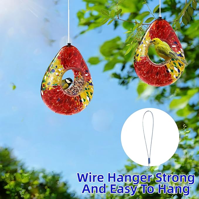 VOREEN Glass Bird Feeder, Handcrafted Hanging Fly-Through Feeder for Outdoor Garden & Backyard, Decorative Wild Bird Feeder with Steel Wire Cable，Red.