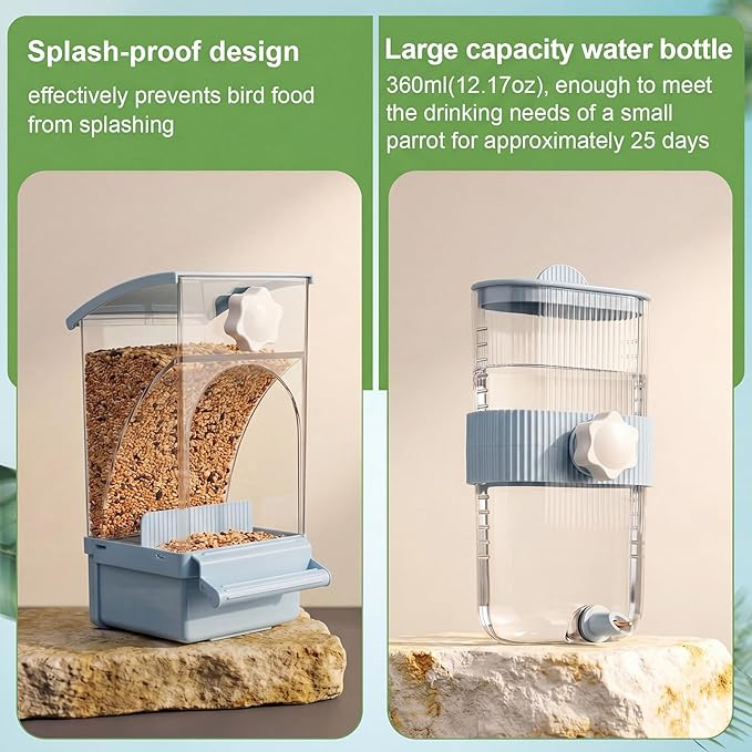 Novabright No Mess Bird Feeder Water Dispenser Set, Automatic Transparent Bird Food Container and 12 oz Automatic Water Feeder for Small Birds Parrot, Cockatoo, Canary, Cage, Lovebird, Budgies(Blue)