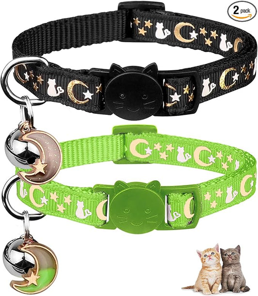 2PCS Breakaway Cat Collars with Bell Cute Kitty Glow in The Dark Adjustable Kitten Collars 7.9-13.0 Inch(Green&Black)