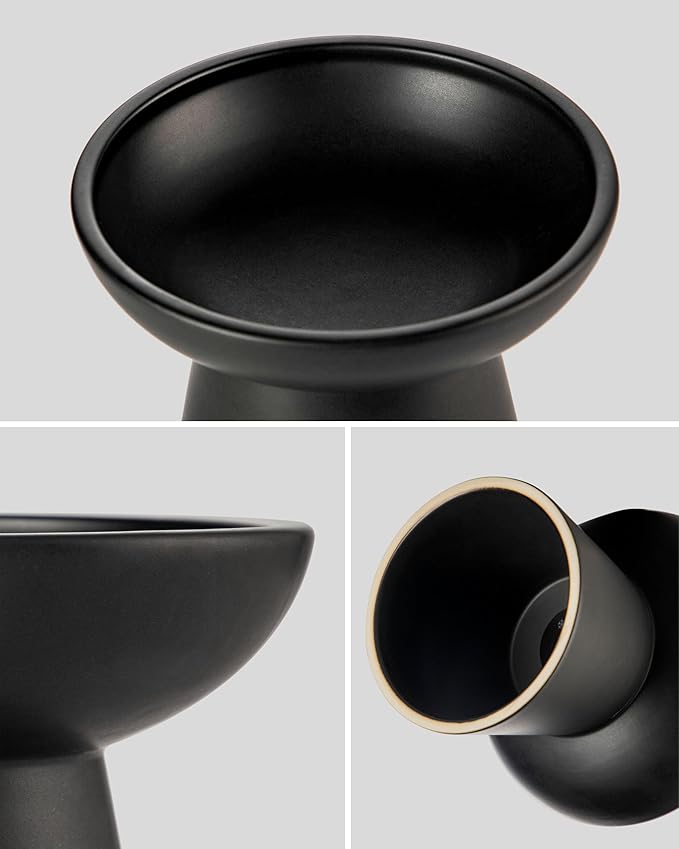 vancasso Elevated Cat Food Bowls 2-Pack, 6.2" Wide Shallow Cat Feeding Bowl for Whisker Fatigue, 5.1" Height Ceramic Raised Food Bowls for Senior Cats, Anti Vomit, Black
