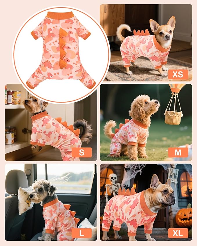 CuteBone Dinosaur Costume Dog Pajamas, Stretchy Spandex Crystal Velvet Sleepwear Coat for Small Dogs, Soft & Warm Pet Outfit Clothes for Cold Weather, Cozy Pullover Design COSP18S