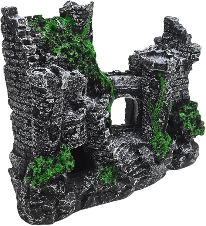 Aquarium Resin Castle Decor, Large Ancient Stone Castle Fish Tank Ornament with Caves & Tunnels, Realistic Hideout for Betta Fish, Guppies, Shrimp, Turtles (Freshwater & Saltwater Safe)