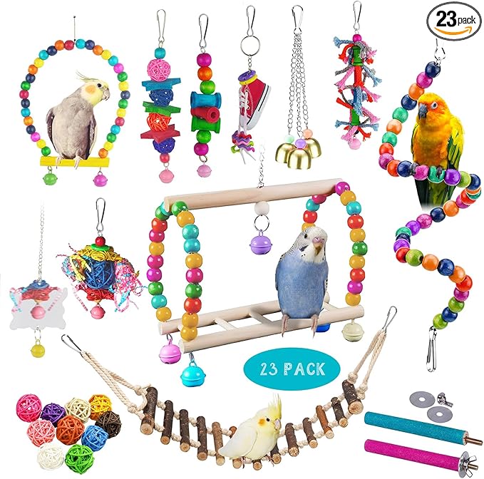23pcs Bird Parakeet Cockatiel Toys,Parrot Swing Chewing Hanging Toy with Safe Bells,Bird cage Colorful Climbing Standing Rope Natural Wood Ladder Bungee Toys
