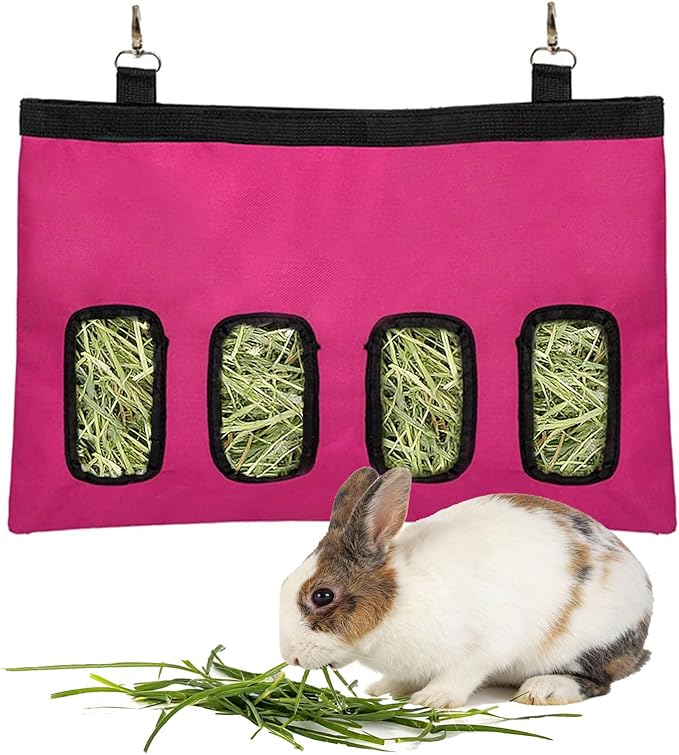Rabbit Hanging Hay Feeder Bag Large Capacity Small Animal Hay Dispenser 600D Oxford Cloth Rabbit Hay Storage Bag for Bunnies Guinea Pigs Chinchillas (Rosered)