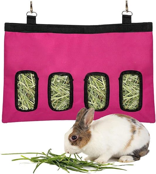 Rabbit Hanging Hay Feeder Bag Large Capacity Small Animal Hay Dispenser 600D Oxford Cloth Rabbit Hay Storage Bag for Bunnies Guinea Pigs Chinchillas (Rosered)