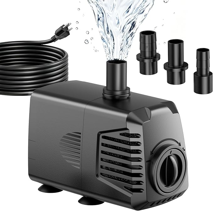 200GPH Submersible Water Pump, Water Fountain (700L/H, 12W) with 5.9FT High Lift Adjustable & 3 Nozzles & 9.8FT Cord, Ultra Quiet Aquarium Pump for Pond Fountain Waterfall Hydroponics-Q102