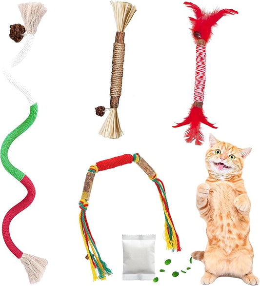 GBSYU Silvervine Sticks for Cats & Cat Chew Rope Toy with Refillable Natural Catnip Bag for Teeth Cleaning, Interactive Cat Catnip Toys for Indoor Cats, Kitten Teething Toys for All Breeds (4Pcs)