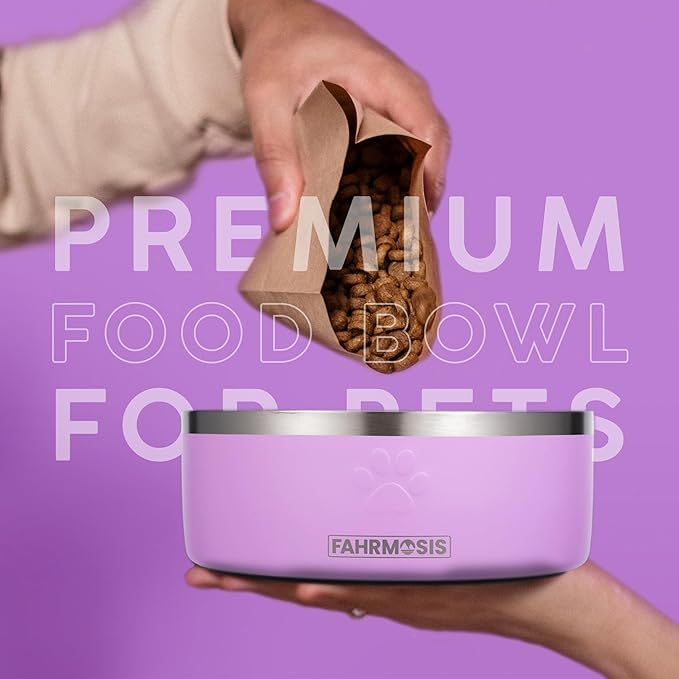 FAHRMOSIS 32 Oz Dog Bowl with Slow Feeder Insert Stainless Steel Pet Water Bowl for Medium & Large Breed Non Slip Rubber Base & Plastic Puzzle Feeder - Lavender